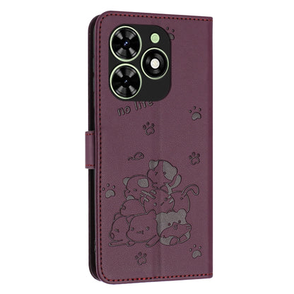 For Tecno Spark Go 2024 4G Embossed Kitten Phone Leather Case with Lanyard(Wine Red) - Tecno Cases by buy2fix | Online Shopping UK | buy2fix