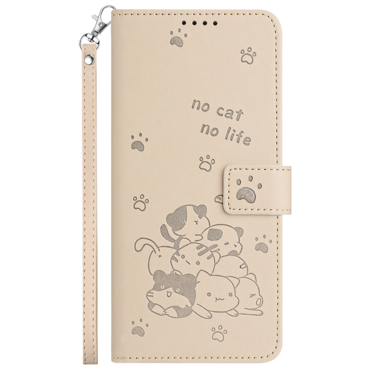 For Motorola Moto G 5G 2024 Embossed Kitten Phone Leather Case with Lanyard(Beige) - Motorola Cases by buy2fix | Online Shopping UK | buy2fix