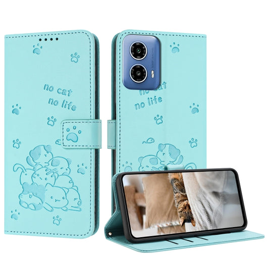 For Motorola Moto G 5G 2024 Embossed Kitten Phone Leather Case with Lanyard(Mint Green) - Motorola Cases by buy2fix | Online Shopping UK | buy2fix