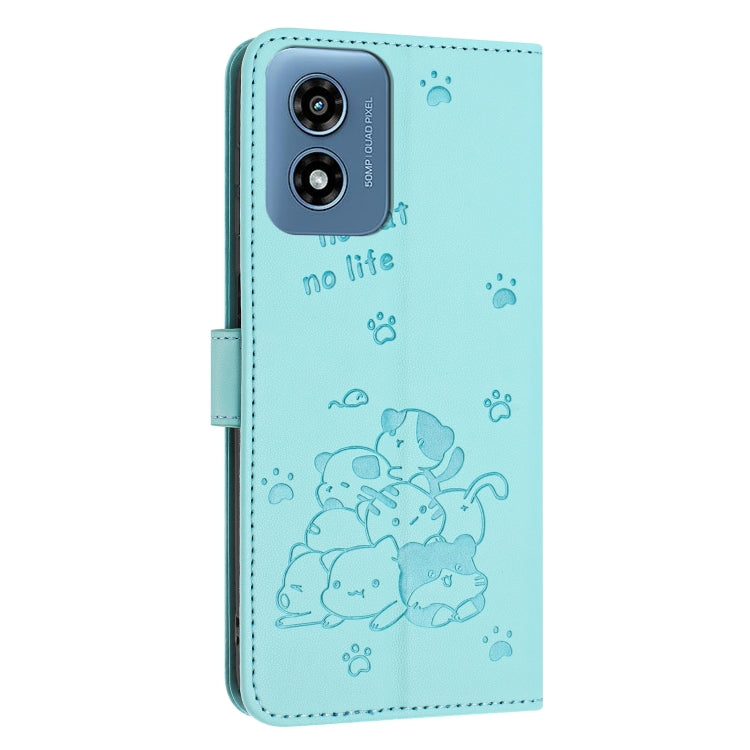 For Motorola Moto G Play 4G 2024 Embossed Kitten Phone Leather Case with Lanyard(Mint Green) - Motorola Cases by buy2fix | Online Shopping UK | buy2fix