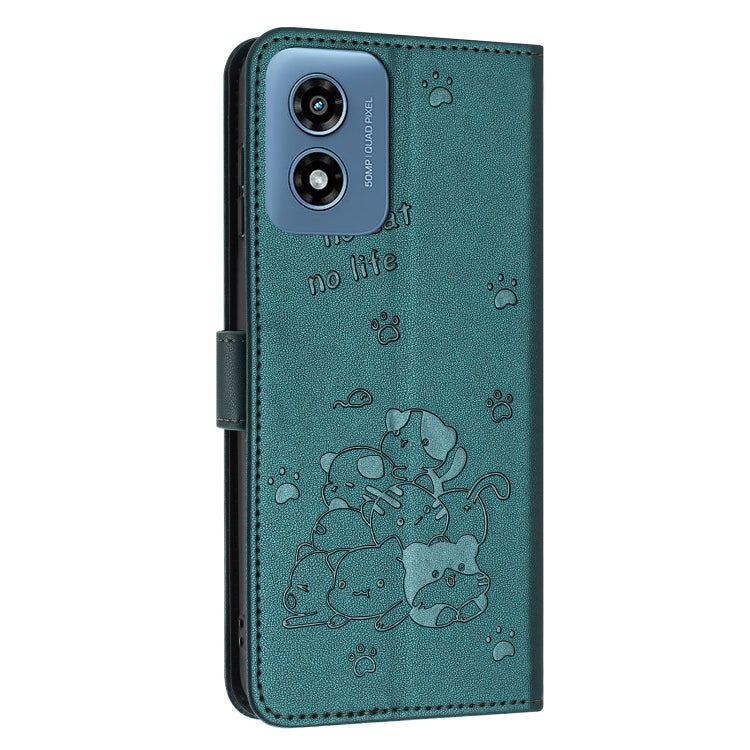 For Motorola Moto G Play 4G 2024 Embossed Kitten Phone Leather Case with Lanyard(Dark Green) - Motorola Cases by buy2fix | Online Shopping UK | buy2fix