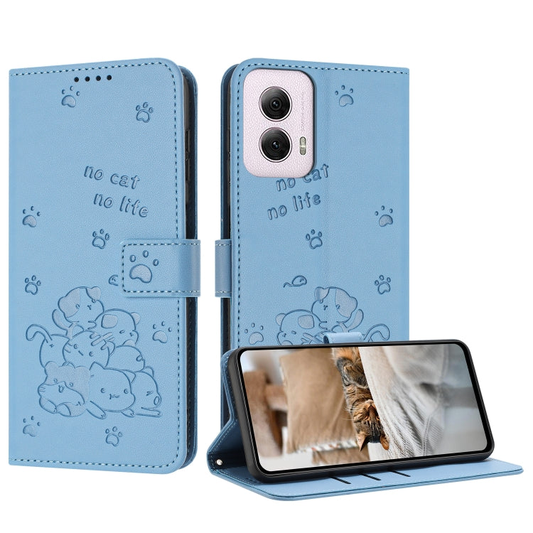 For Motorola Moto G Power 5G 2024 Embossed Kitten Phone Leather Case with Lanyard(Blue) - Motorola Cases by buy2fix | Online Shopping UK | buy2fix