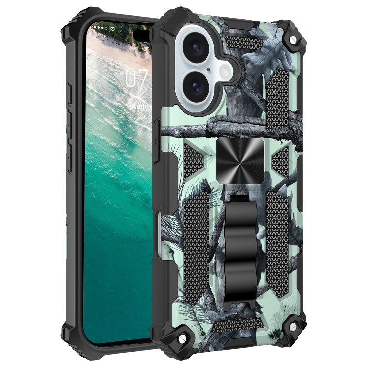 For iPhone 16 Camouflage Armor Kickstand TPU Hybrid PC Magnetic Phone Case(Mint Green) - iPhone 16 Cases by buy2fix | Online Shopping UK | buy2fix