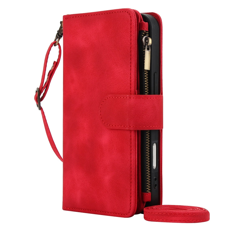 For iPhone 16 Dream 9-Card Zipper Wallet RFID Leather Phone Case with Lanyard(Red) - iPhone 16 Cases by buy2fix | Online Shopping UK | buy2fix