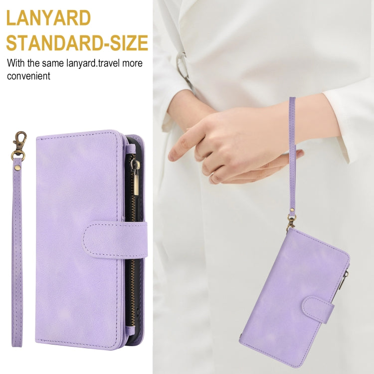 For iPhone 16 Dream 9-Card Zipper Wallet RFID Leather Phone Case with Lanyard(Purple) - iPhone 16 Cases by buy2fix | Online Shopping UK | buy2fix