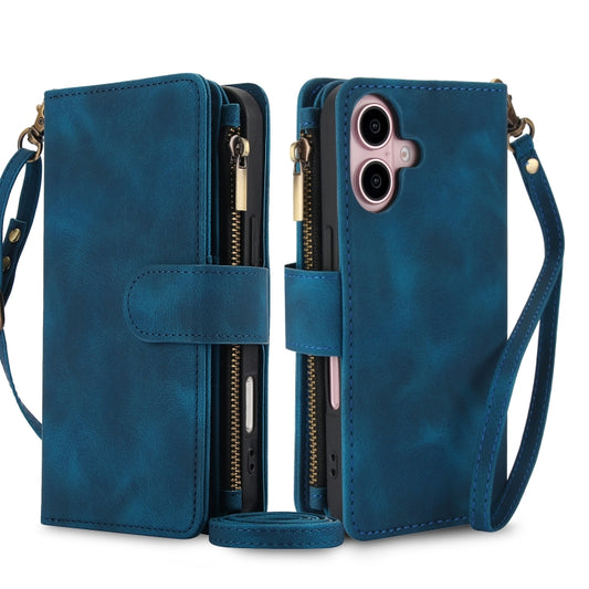 For iPhone 16 Plus Dream 9-Card Zipper Wallet RFID Leather Phone Case with Lanyard(Blue) - iPhone 16 Plus Cases by buy2fix | Online Shopping UK | buy2fix