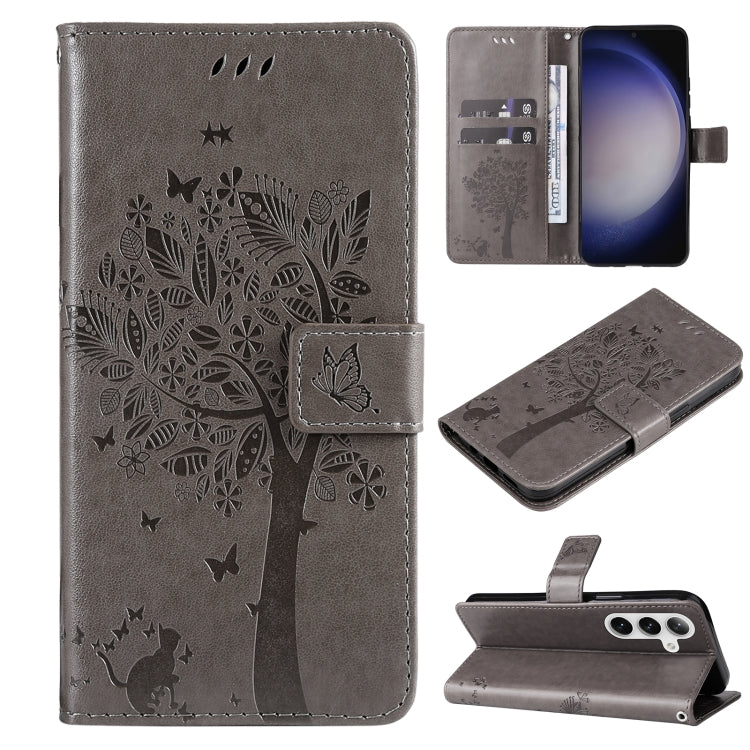 For Samsung Galaxy S25 / S24 5G Tree & Cat Embossed Pattern Flip Leather Phone Case(Grey) - Galaxy S25 5G Cases by buy2fix | Online Shopping UK | buy2fix