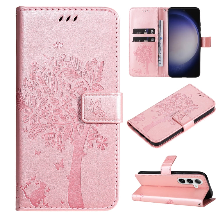 For Samsung Galaxy S25 / S24 5G Tree & Cat Embossed Pattern Flip Leather Phone Case(Rose Gold) - Galaxy S25 5G Cases by buy2fix | Online Shopping UK | buy2fix