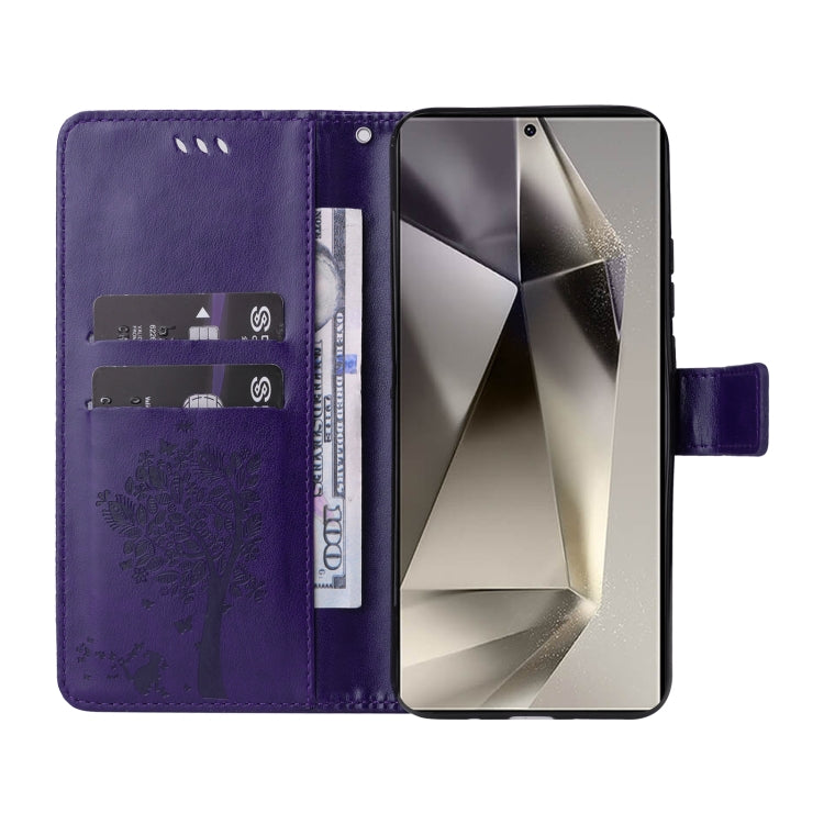 For Samsung Galaxy S25 Ultra 5G Tree & Cat Embossed Pattern Flip Leather Phone Case(Purple) - Galaxy S25 Ultra 5G Cases by buy2fix | Online Shopping UK | buy2fix