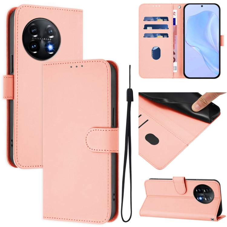 For OnePlus 11 Skin Feel Solid Color Leather Phone Case with Lanyard(Pink) - OnePlus Cases by buy2fix | Online Shopping UK | buy2fix