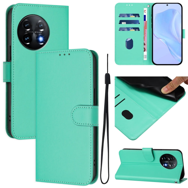 For OnePlus 11 Skin Feel Solid Color Leather Phone Case with Lanyard(Green) - OnePlus Cases by buy2fix | Online Shopping UK | buy2fix