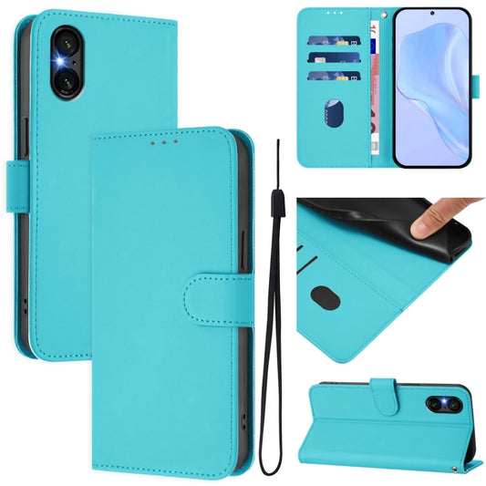 For Sony Xperia 5 VI 2024 Skin Feel Solid Color Leather Phone Case with Lanyard(Lake Blue) - Sony Cases by buy2fix | Online Shopping UK | buy2fix