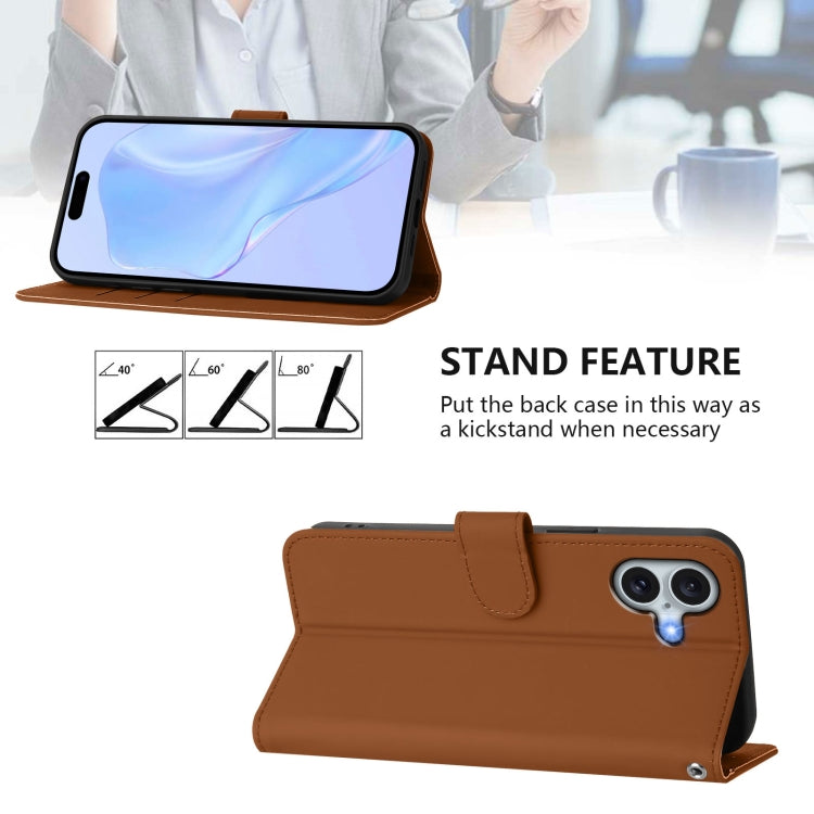 For iPhone 16 Plus Skin Feel Solid Color Leather Phone Case with Lanyard(Brown) - iPhone 16 Plus Cases by buy2fix | Online Shopping UK | buy2fix