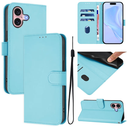 For iPhone 16 Skin Feel Solid Color Leather Phone Case with Lanyard(Sky Blue) - iPhone 16 Cases by buy2fix | Online Shopping UK | buy2fix