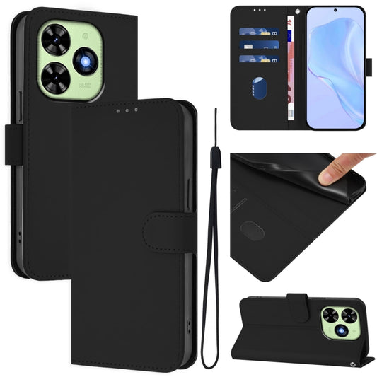 For Tecno Spark Go 2024 4G Skin Feel Solid Color Leather Phone Case with Lanyard(Black) - Tecno Cases by buy2fix | Online Shopping UK | buy2fix