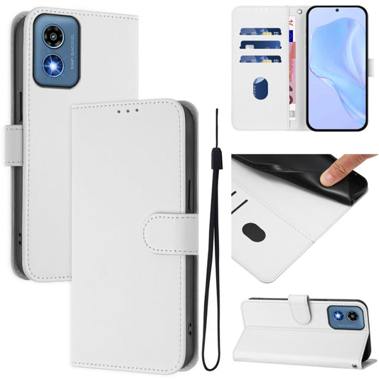 For Motorola Moto G Play 5G 2024 Global Skin Feel Solid Color Leather Phone Case with Lanyard(White) - Motorola Cases by buy2fix | Online Shopping UK | buy2fix