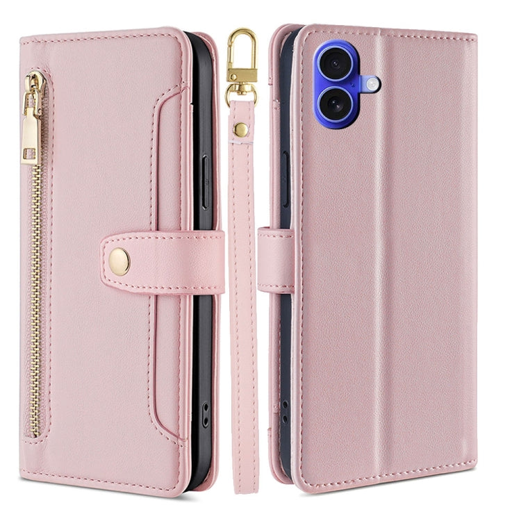 For iPhone 16 Sheep Texture Cross-body Zipper Wallet Leather Phone Case(Pink) - iPhone 16 Cases by buy2fix | Online Shopping UK | buy2fix