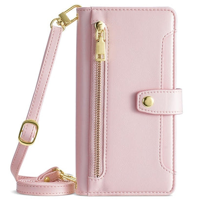 For iPhone 16 Sheep Texture Cross-body Zipper Wallet Leather Phone Case(Pink) - iPhone 16 Cases by buy2fix | Online Shopping UK | buy2fix