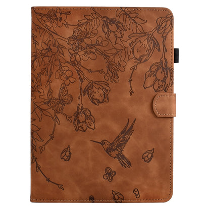 For Samsung Galaxy Tab S9 Flowers and Bird Embossed Smart Leather Tablet Case(Brown) - Galaxy Tab S9 Cases by buy2fix | Online Shopping UK | buy2fix