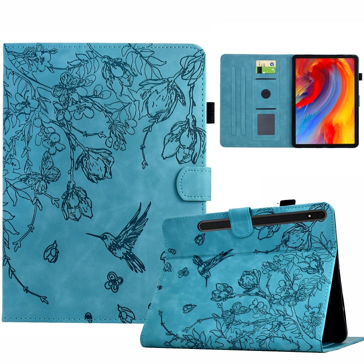 For Samsung Galaxy Tab S9 Flowers and Bird Embossed Smart Leather Tablet Case(Light Blue) - Galaxy Tab S9 Cases by buy2fix | Online Shopping UK | buy2fix