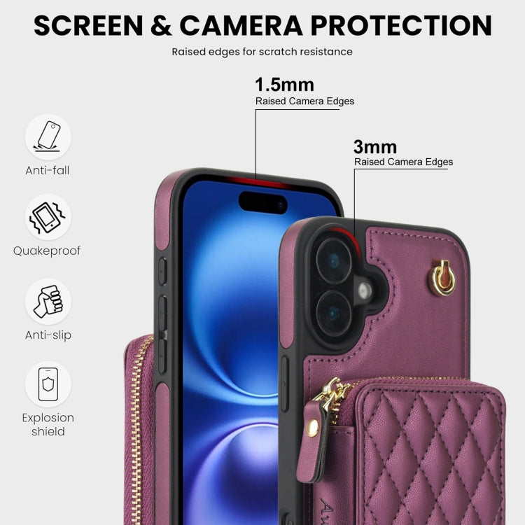 For iPhone 16 Plus AwQuer Crossbody Zipper Wallet Rhombic Leather Back Phone Case(Dark Purple) - iPhone 16 Plus Cases by Awquer | Online Shopping UK | buy2fix