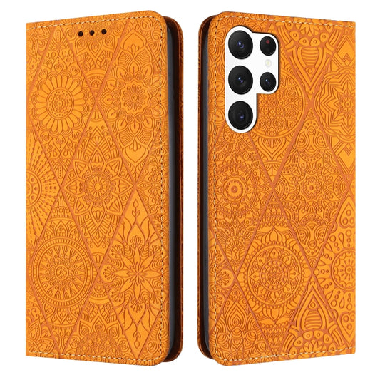 For Samsung Galaxy S25 Ultra 5G Ethnic Embossed Adsorption Leather Phone Case(Yellow) - Galaxy S25 Ultra 5G Cases by buy2fix | Online Shopping UK | buy2fix