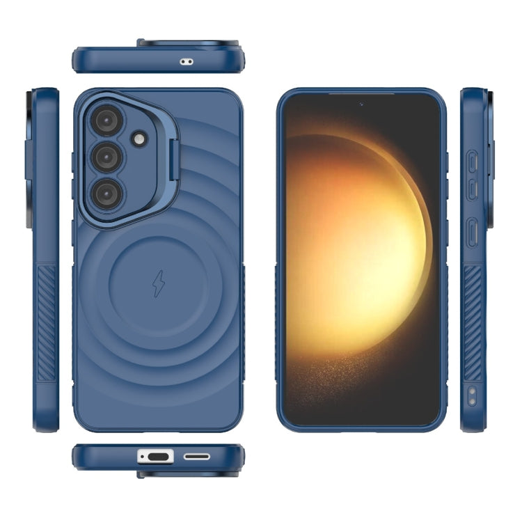 For Samsung Galaxy S25 5G Lens Frame Bracket Corrugated MagSafe Phone Case(Dark Blue) - Galaxy S25 5G Cases by buy2fix | Online Shopping UK | buy2fix