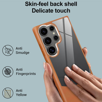 For Samsung Galaxy S25 5G Litchi Texture TPU Hybrid Acrylic Phone Case(Brown) - Galaxy S25 5G Cases by buy2fix | Online Shopping UK | buy2fix