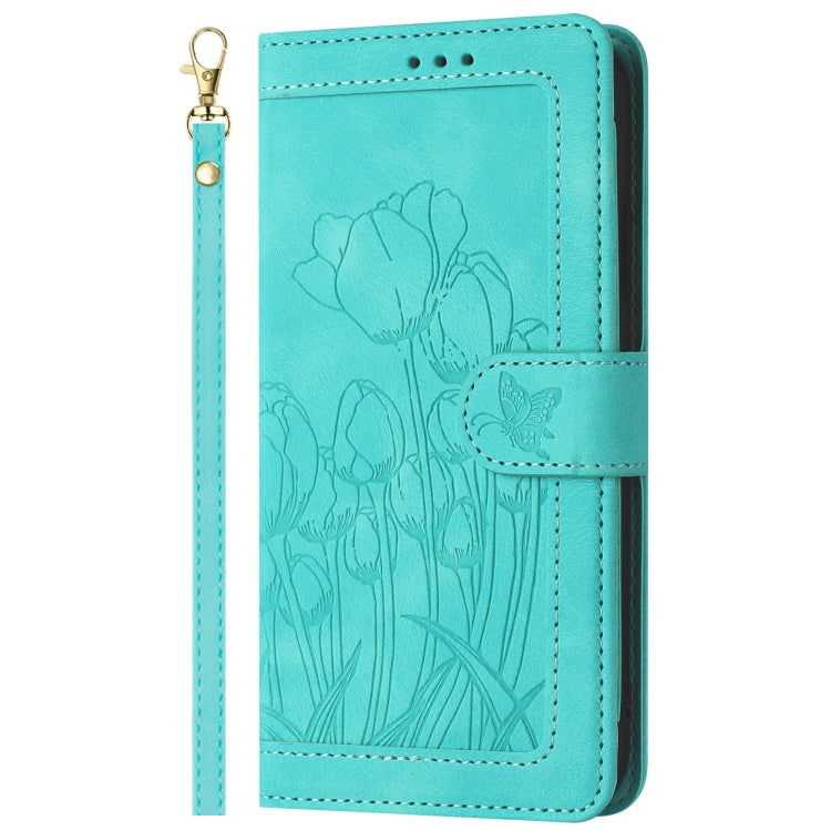 For Samsung Galaxy S25 Ultra 5G Tulips Embossed Leather Phone Case with Lanyard(Green) - Galaxy S25 Ultra 5G Cases by buy2fix | Online Shopping UK | buy2fix