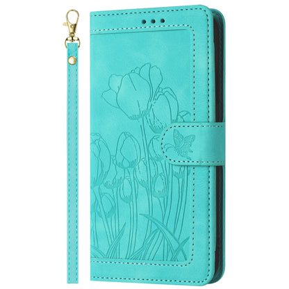 For Samsung Galaxy S25 Ultra 5G Tulips Embossed Leather Phone Case with Lanyard(Green) - Galaxy S25 Ultra 5G Cases by buy2fix | Online Shopping UK | buy2fix