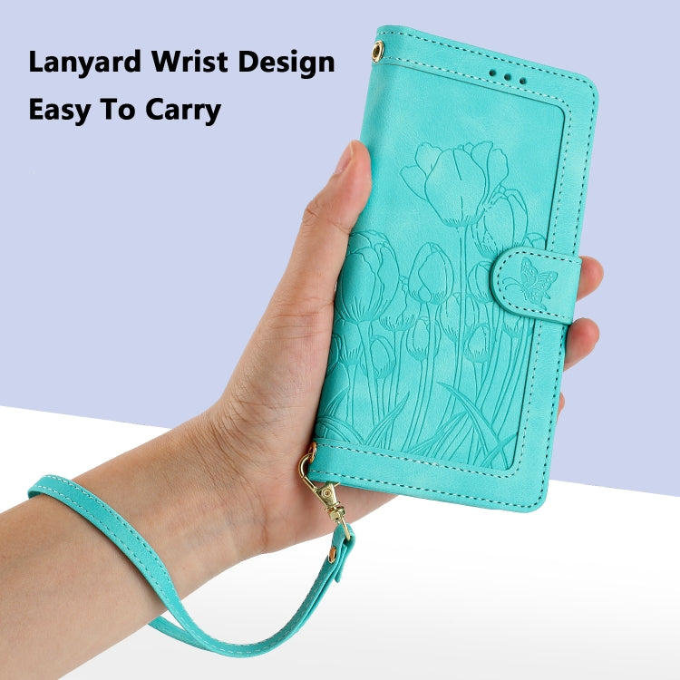 For Samsung Galaxy S25 Ultra 5G Tulips Embossed Leather Phone Case with Lanyard(Green) - Galaxy S25 Ultra 5G Cases by buy2fix | Online Shopping UK | buy2fix