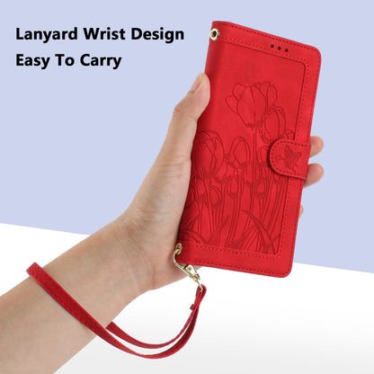 For Samsung Galaxy S25 5G Tulips Embossed Leather Phone Case with Lanyard(Red) - Galaxy S25 5G Cases by buy2fix | Online Shopping UK | buy2fix