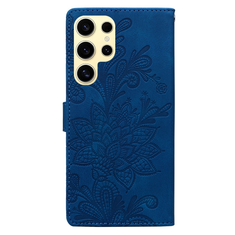 For Samsung Galaxy S25 Ultra 5G Lace Floral Embossed Magnetic Buckle PU Phone Case With Wrist Strap(Blue) - Galaxy S25 Ultra 5G Cases by buy2fix | Online Shopping UK | buy2fix