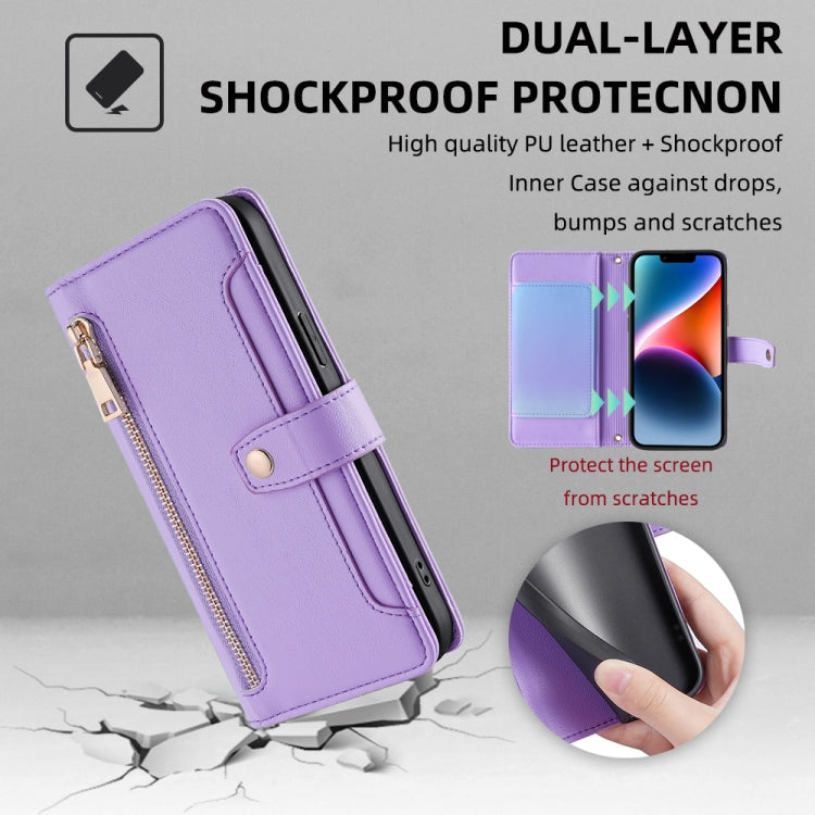 For Samsung Galaxy S25 5G Sheep Texture Cross-body Zipper Wallet Leather Phone Case(Purple) - Galaxy S25 5G Cases by buy2fix | Online Shopping UK | buy2fix