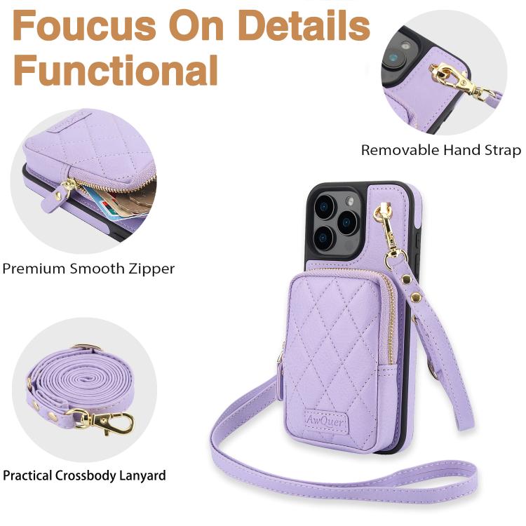 For iPhone 16 Plus AwQuer Crossbody Zipper Wallet Bag Litchi Leather Phone Case(Light Purple) - iPhone 16 Plus Cases by Awquer | Online Shopping UK | buy2fix