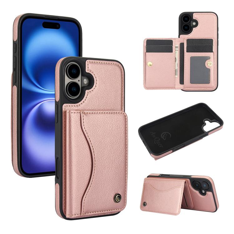 For iPhone 16 AwQuer Horizontal Flip Card Bag Holder Leather Phone Case(Rose Gold) - iPhone 16 Cases by Awquer | Online Shopping UK | buy2fix