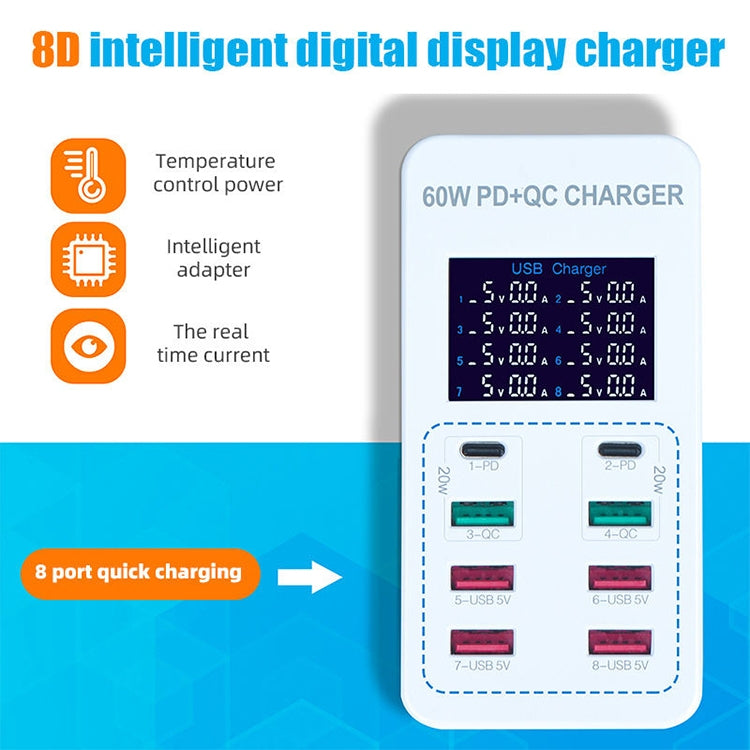 A8T 60W 8 Ports USB + QC3.0 + PD Type-C Smart Charging Station with Digital Display AC100-240V, AU Plug - Multifunction Charger by buy2fix | Online Shopping UK | buy2fix