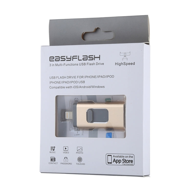 easyflash RQW-01B 3 in 1 USB 2.0 & 8 Pin & Micro USB 32GB Flash Drive(Gold) - U Disk & Card Reader by buy2fix | Online Shopping UK | buy2fix