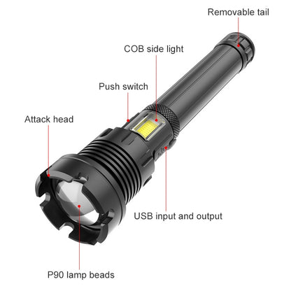 Long Style Micro USB Charging Outdoor Waterproof P90 + COB LED Flashlight, Support Power Display & Telescopic Focusing & 7-level Brightness Adjustment - LED Flashlight by buy2fix | Online Shopping UK | buy2fix