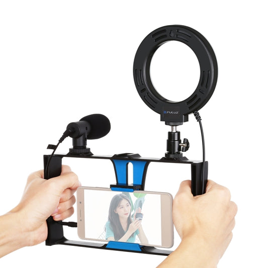 PULUZ 3 in 1 Vlogging Live Broadcast Smartphone Video Rig + Microphone +  4.7 inch 12cm Ring LED Selfie Light Kits with Cold Shoe Tripod Head for iPhone, Galaxy, Huawei, Xiaomi, HTC, LG, Google, and Other Smartphones(Blue) - Camera Cage by PULUZ | Online Shopping UK | buy2fix