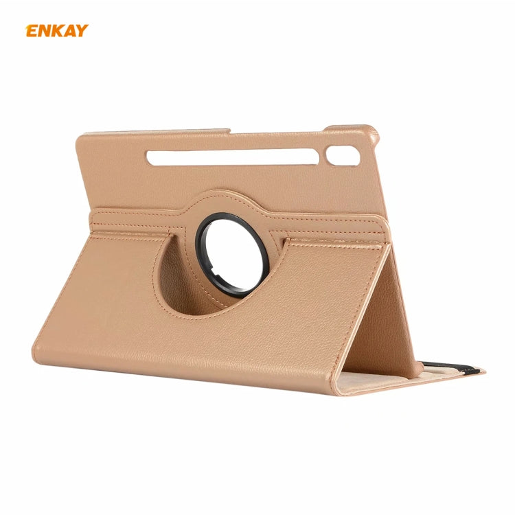 ENKAY for Samsung Galaxy Tab S8 / Galaxy Tab S7 11.0 T870 / T875 ENK-8012 360 Degree Rotation Litchi Texture Horizontal Flip PU Leather Smart Case with Holder & Sleep / Wake-up(Gold) - Galaxy Tab S8 Cases by ENKAY | Online Shopping UK | buy2fix