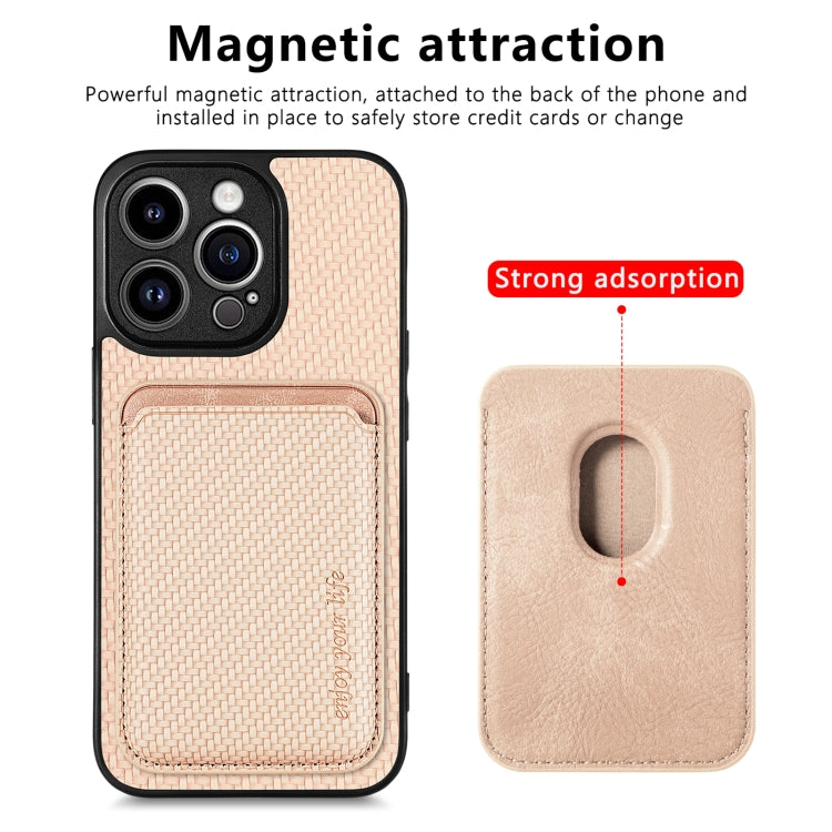 For iPhone 13 Pro Carbon Fiber Leather Card Magsafe Magnetic Phone Case(Khaki) - iPhone 13 Pro Cases by buy2fix | Online Shopping UK | buy2fix