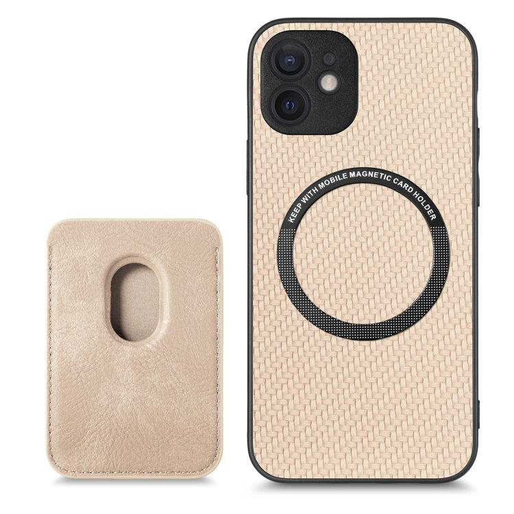 For iPhone 12 mini Carbon Fiber Leather Card Magsafe Magnetic Phone Case(Khaki) - iPhone 12 mini Cases by buy2fix | Online Shopping UK | buy2fix