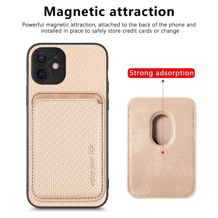 For iPhone 12 mini Carbon Fiber Leather Card Magsafe Magnetic Phone Case(Khaki) - iPhone 12 mini Cases by buy2fix | Online Shopping UK | buy2fix