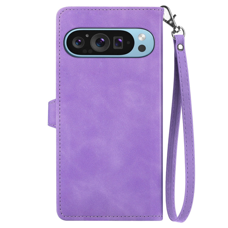 For Google Pixel 9 Pro Embossed Flower Zipper Leather Phone Case(Purple) - Google Cases by buy2fix | Online Shopping UK | buy2fix