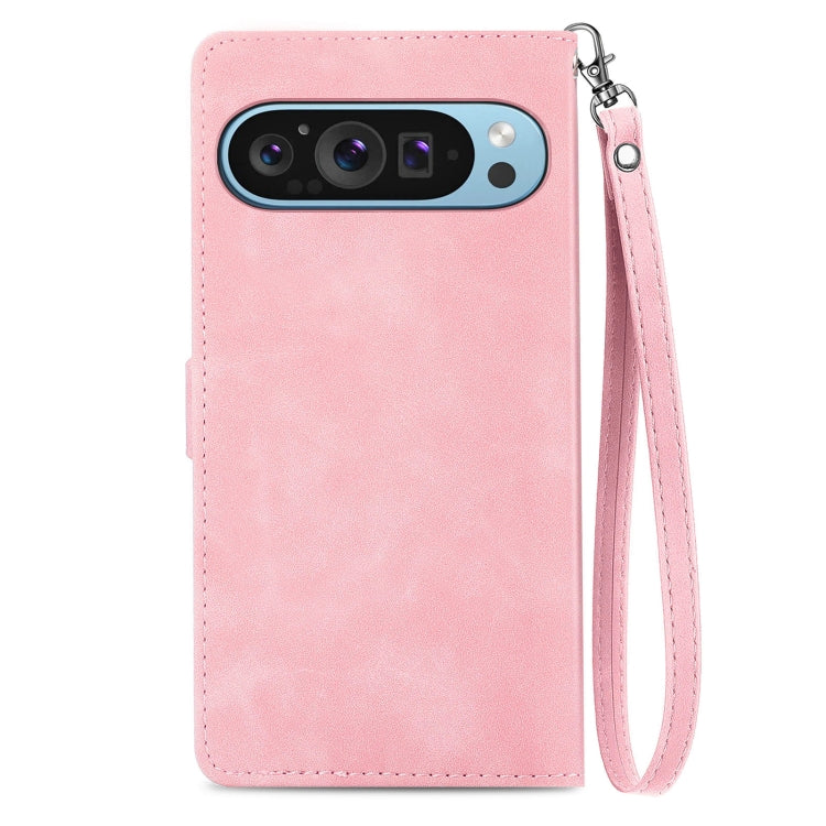 For Google Pixel 9 Pro Embossed Flower Zipper Leather Phone Case(Pink) - Google Cases by buy2fix | Online Shopping UK | buy2fix