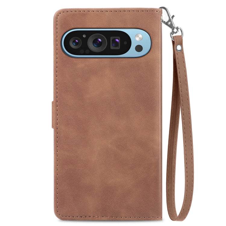 For Google Pixel 9 Embossed Flower Zipper Leather Phone Case(Brown) - Google Cases by buy2fix | Online Shopping UK | buy2fix