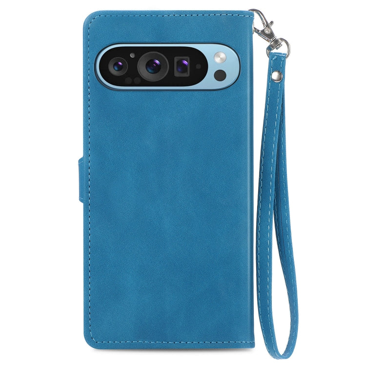 For Google Pixel 9 Embossed Flower Zipper Leather Phone Case(Blue) - Google Cases by buy2fix | Online Shopping UK | buy2fix