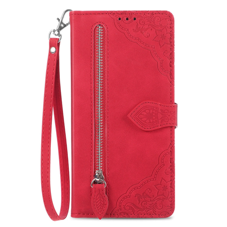 For Google Pixel 9 Embossed Flower Zipper Leather Phone Case(Red) - Google Cases by buy2fix | Online Shopping UK | buy2fix