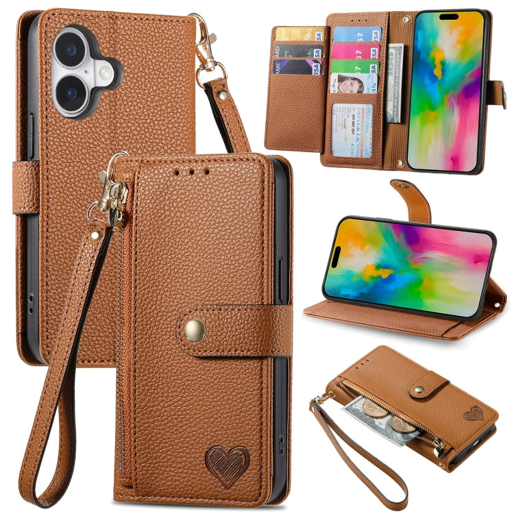 For iPhone 16 Love Zipper Lanyard Leather Phone Case(Brown) - iPhone 16 Cases by buy2fix | Online Shopping UK | buy2fix